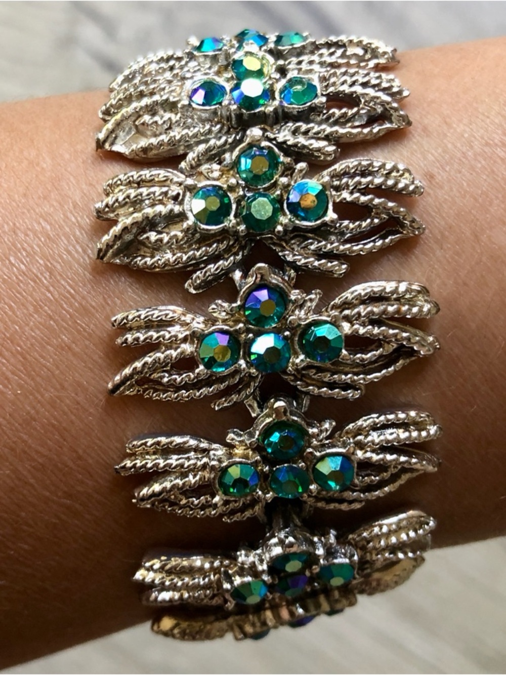 Vintage Coro Peacock Aurora Borealis Rhinestone Bracelet Silver tone Bridal wear